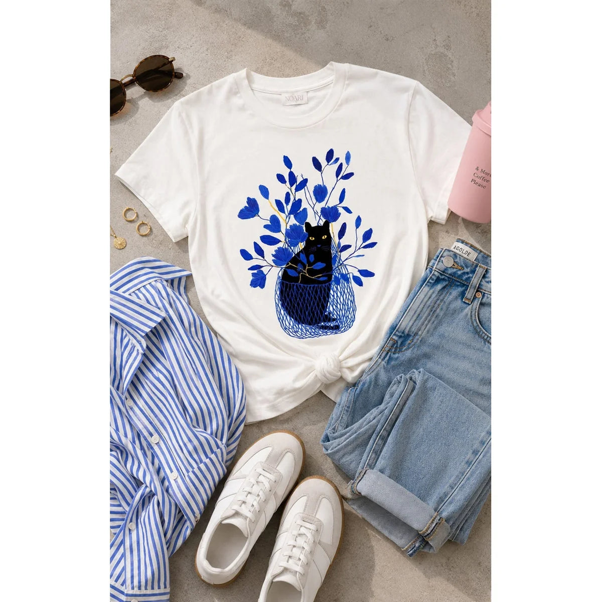 T Shirt White Black Cat In Basket