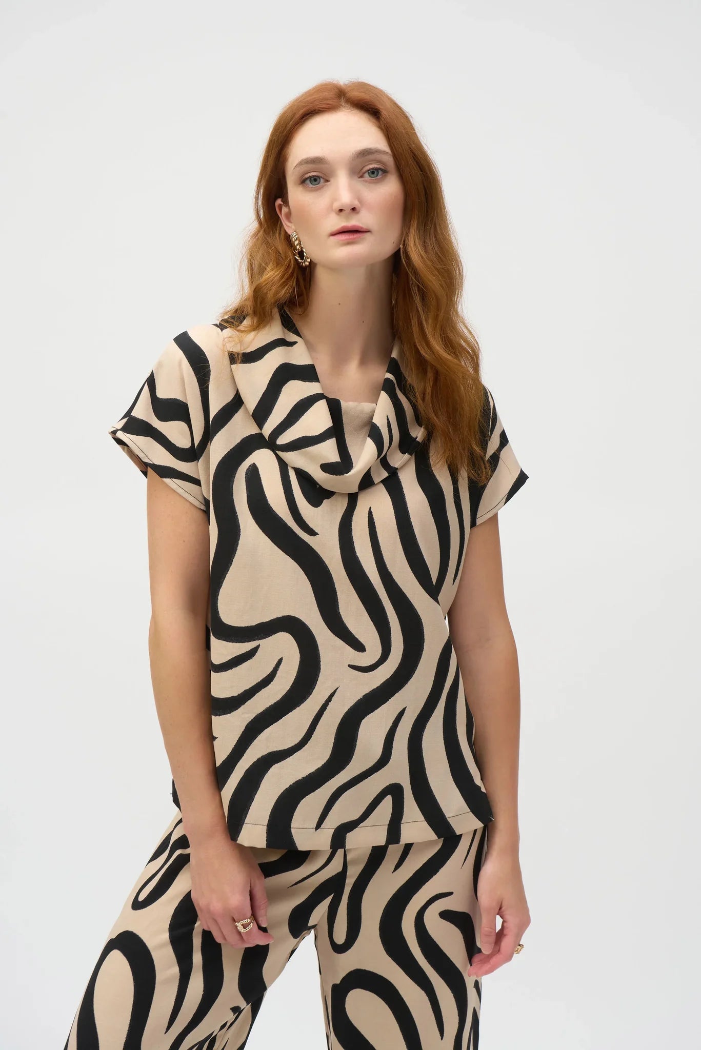 Abstract Print Cowl Neck Top Beige/Black