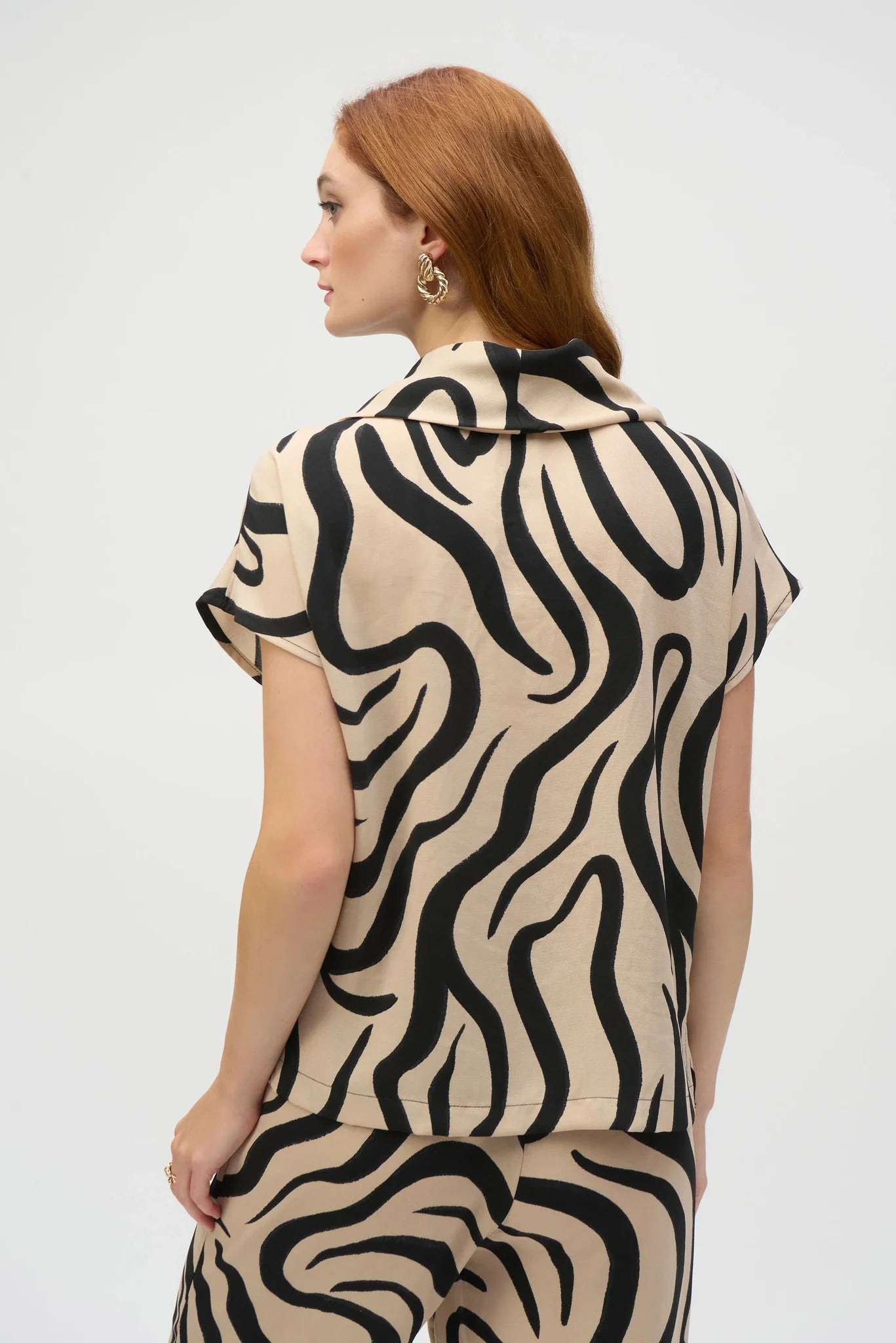 Abstract Print Cowl Neck Top Beige/Black