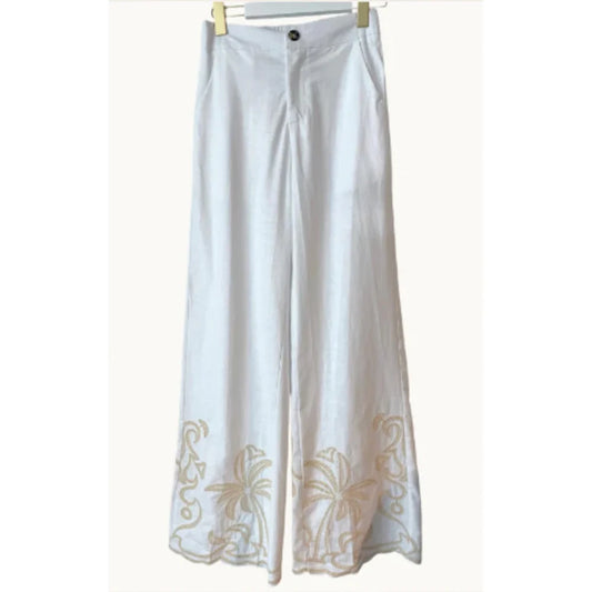 Palm Embroidered Pant White