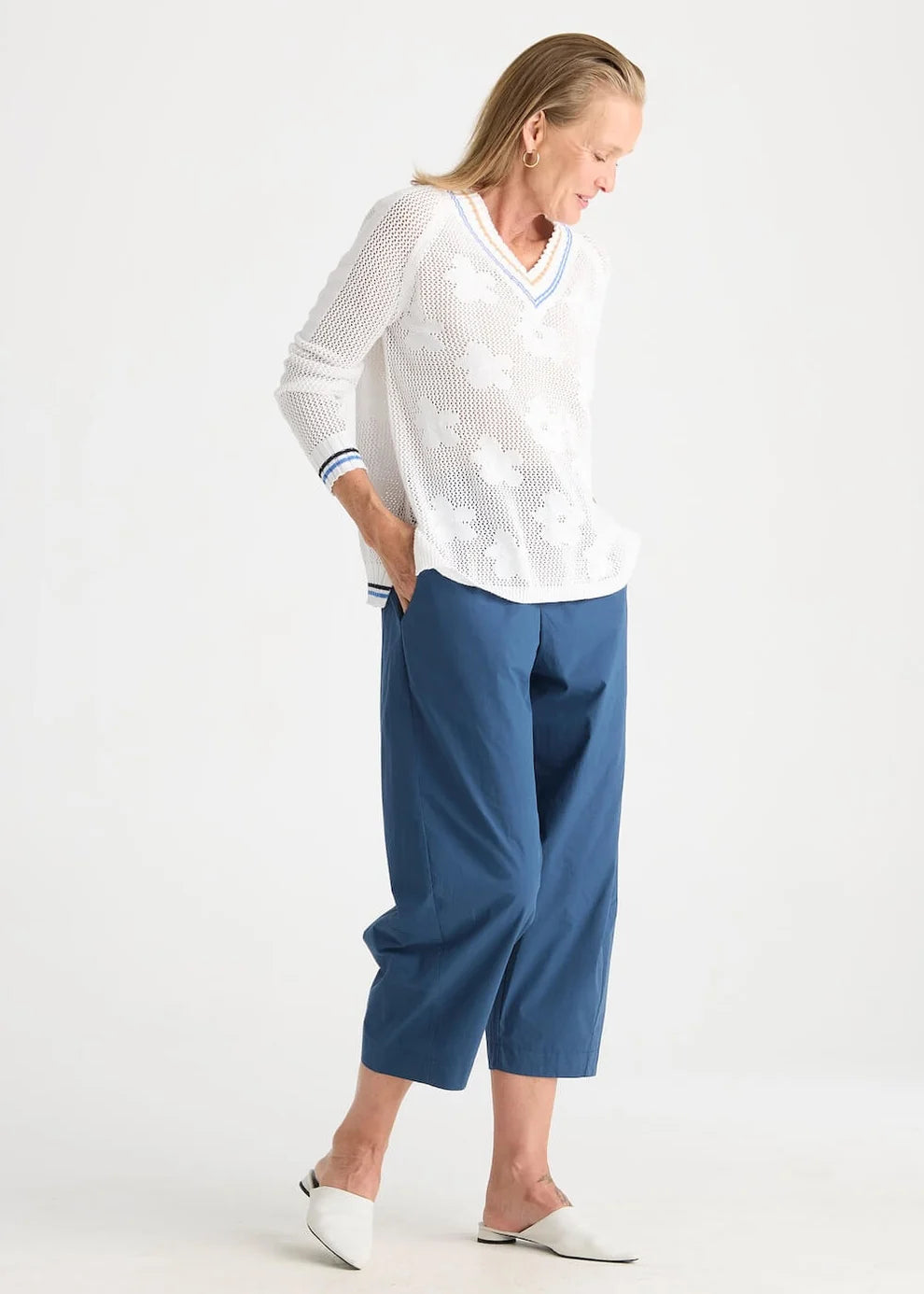Floral Pointelle Vee White