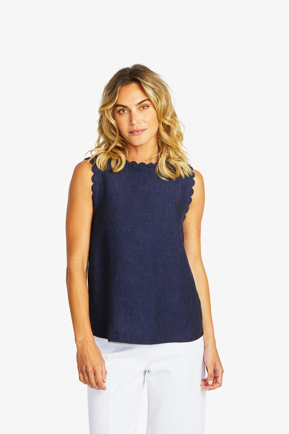 Lucy Linen Scallop Top Navy