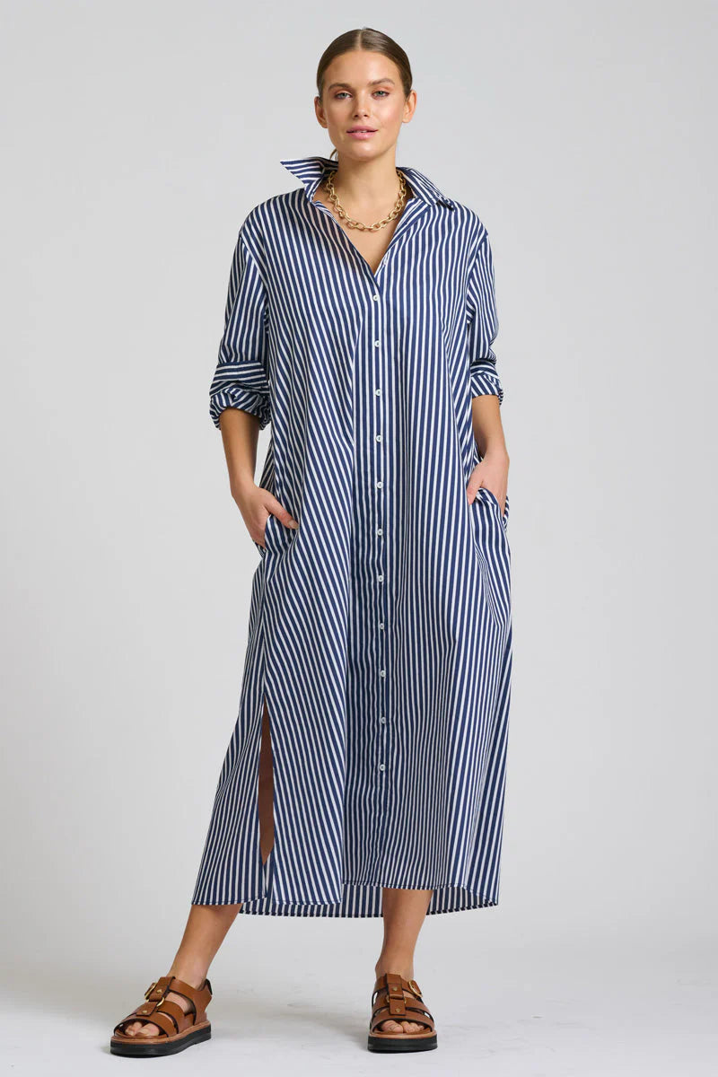 The Luna Oversized Long Line Shirt Dress Navy Thick Stripe