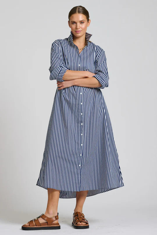 The Luna Oversized Long Line Shirt Dress Navy Thick Stripe