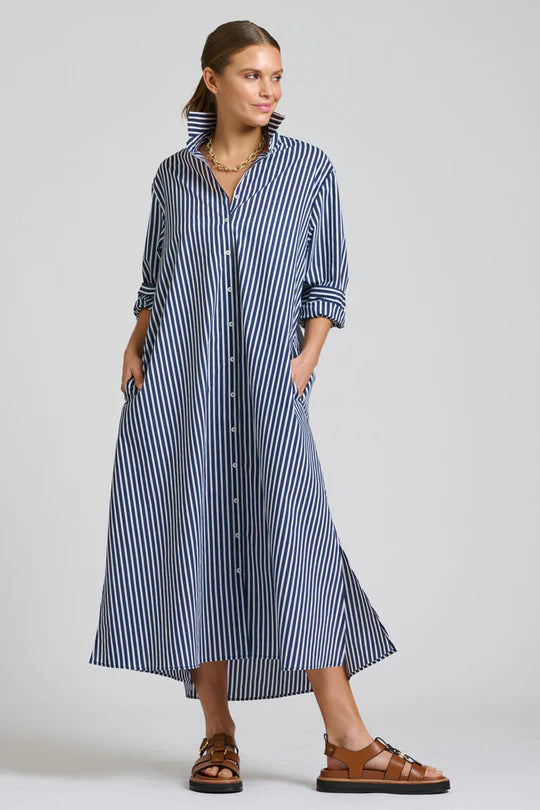 The Luna Oversized Long Line Shirt Dress Navy Thick Stripe