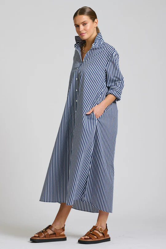 The Luna Oversized Long Line Shirt Dress Navy Thick Stripe