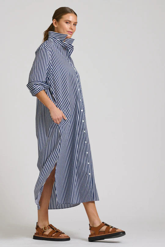The Luna Oversized Long Line Shirt Dress Navy Thick Stripe