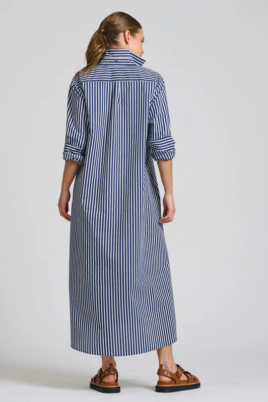 The Luna Oversized Long Line Shirt Dress Navy Thick Stripe