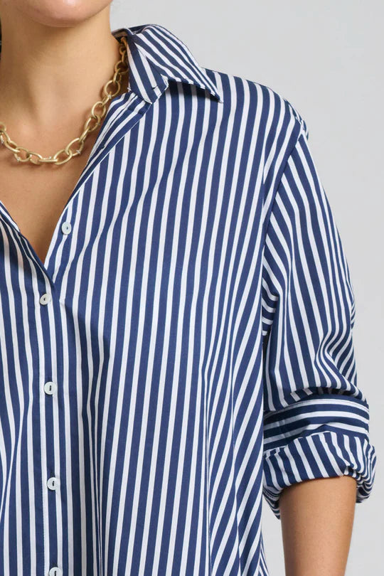 The Luna Oversized Long Line Shirt Dress Navy Thick Stripe