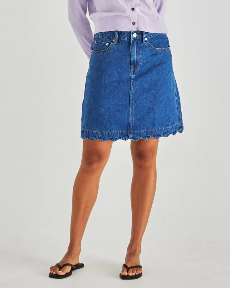 Vale Scalloped Denim Skirt Wash Blue