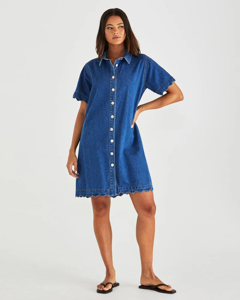 Vale Scalloped Denim Dress Washed Blue