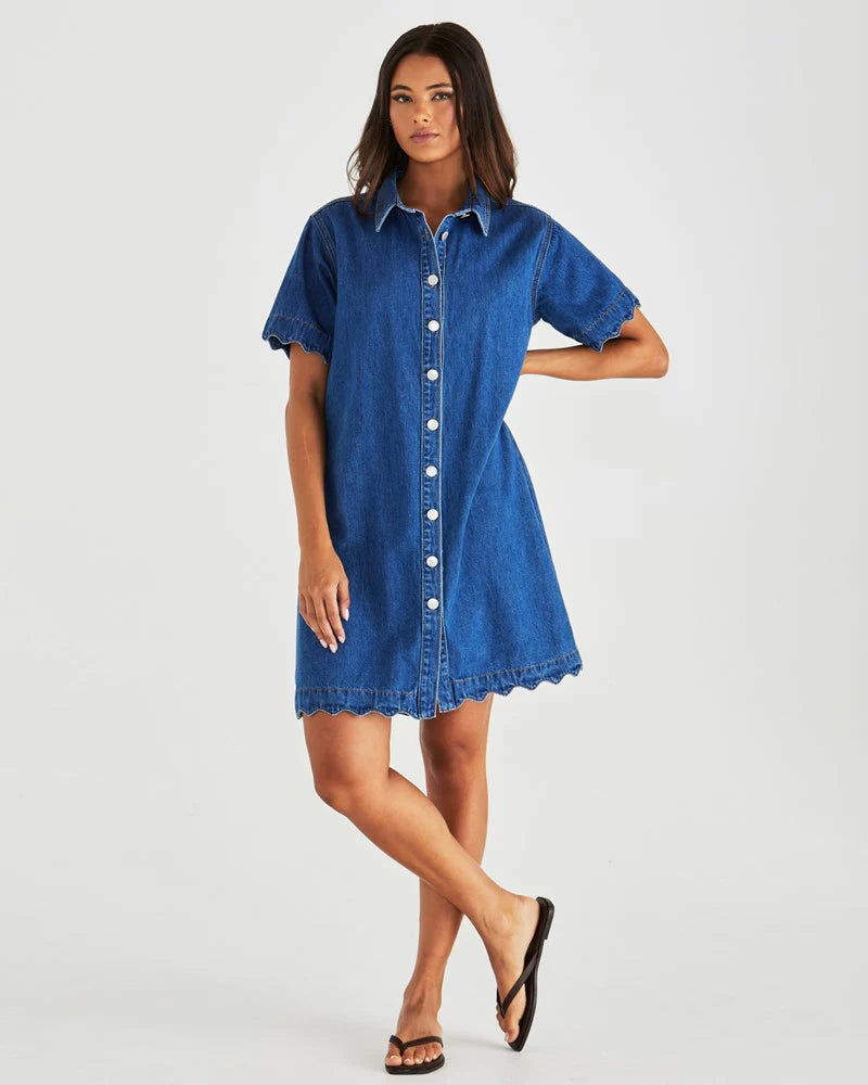 Vale Scalloped Denim Dress Washed Blue