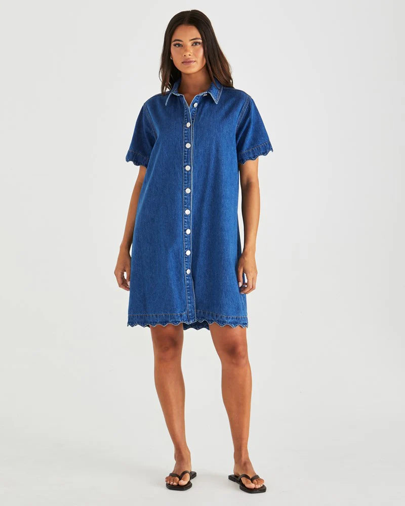 Vale Scalloped Denim Dress Washed Blue