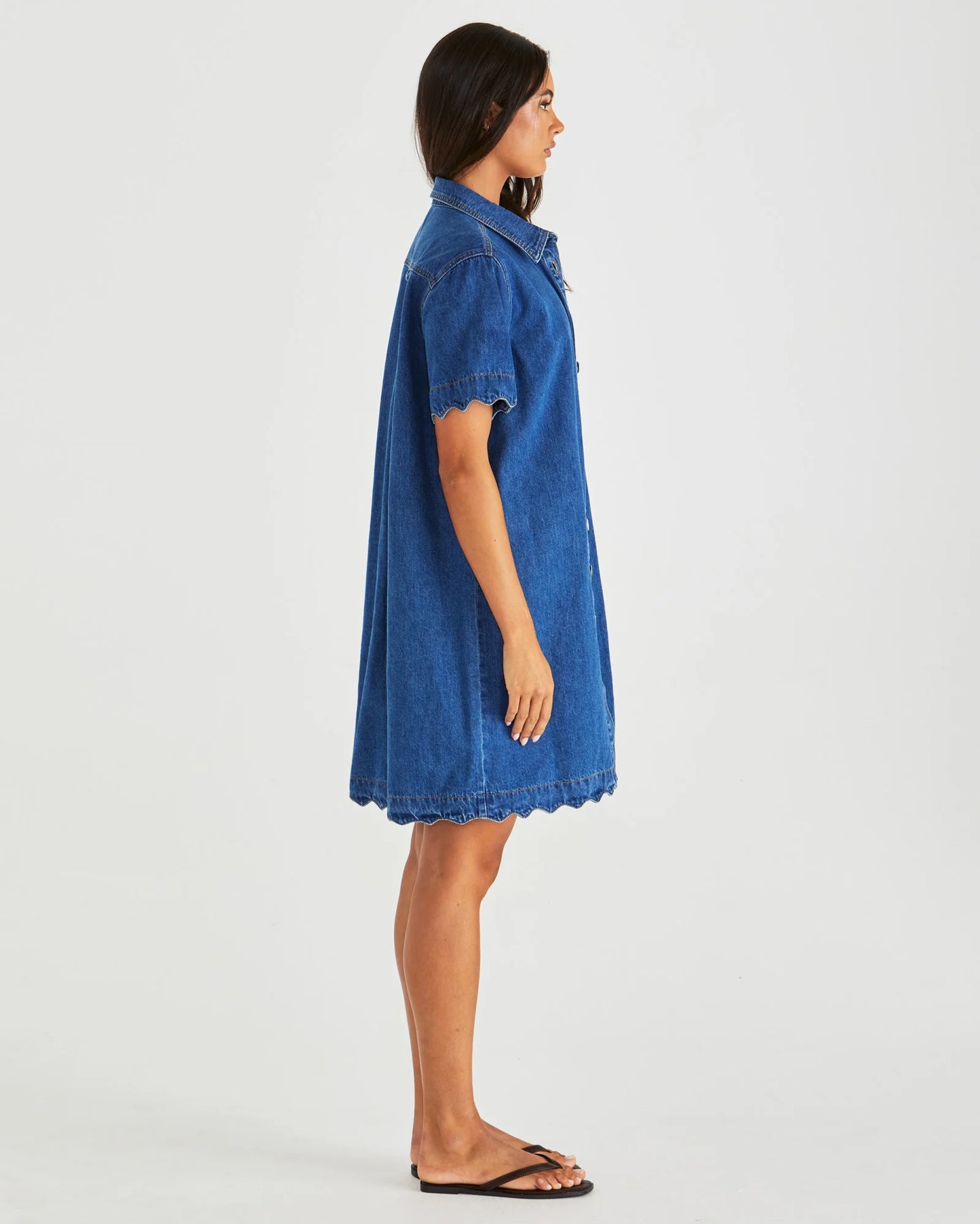 Vale Scalloped Denim Dress Washed Blue