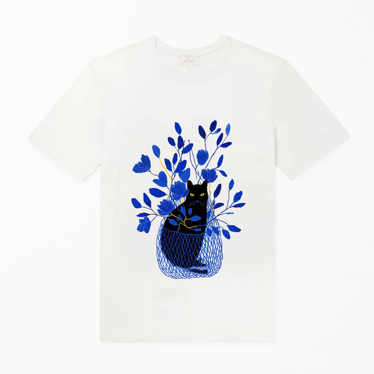 T Shirt White Black Cat In Basket