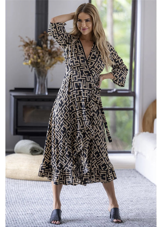 Geo Wrap Dress Black
