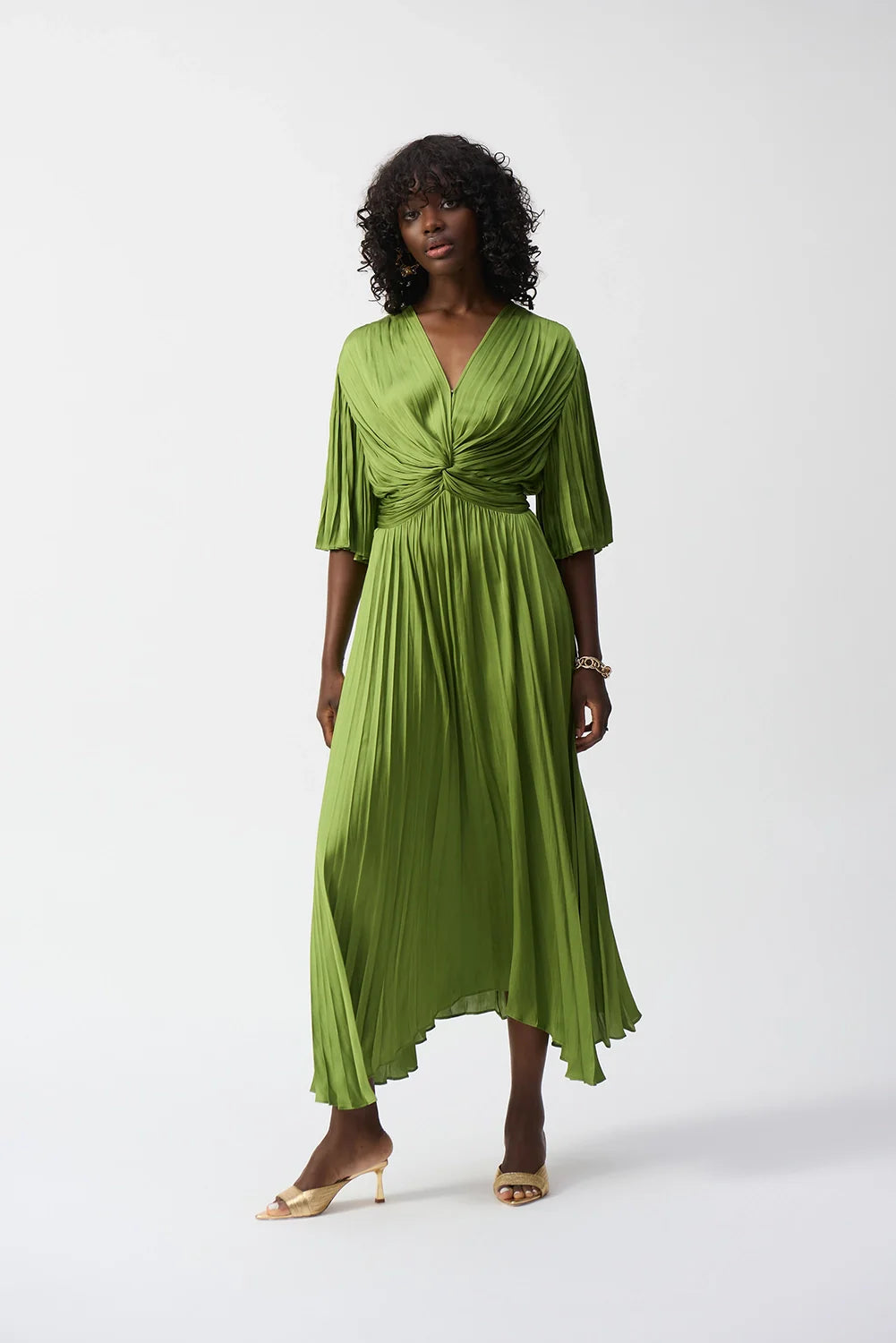 Pleated Satin Midi Dress Greenery