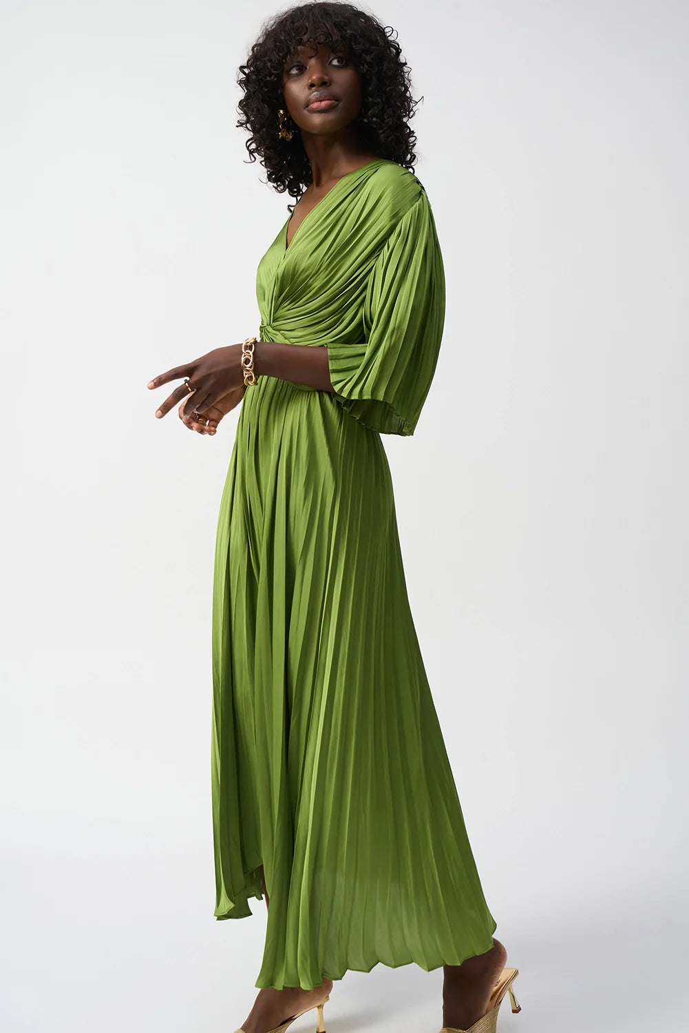 Pleated Satin Midi Dress Greenery