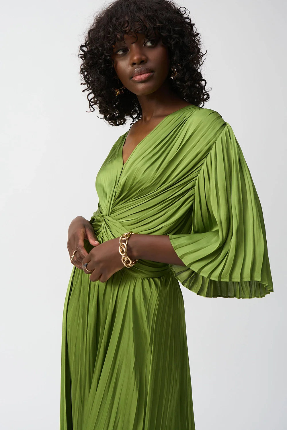 Pleated Satin Midi Dress Greenery