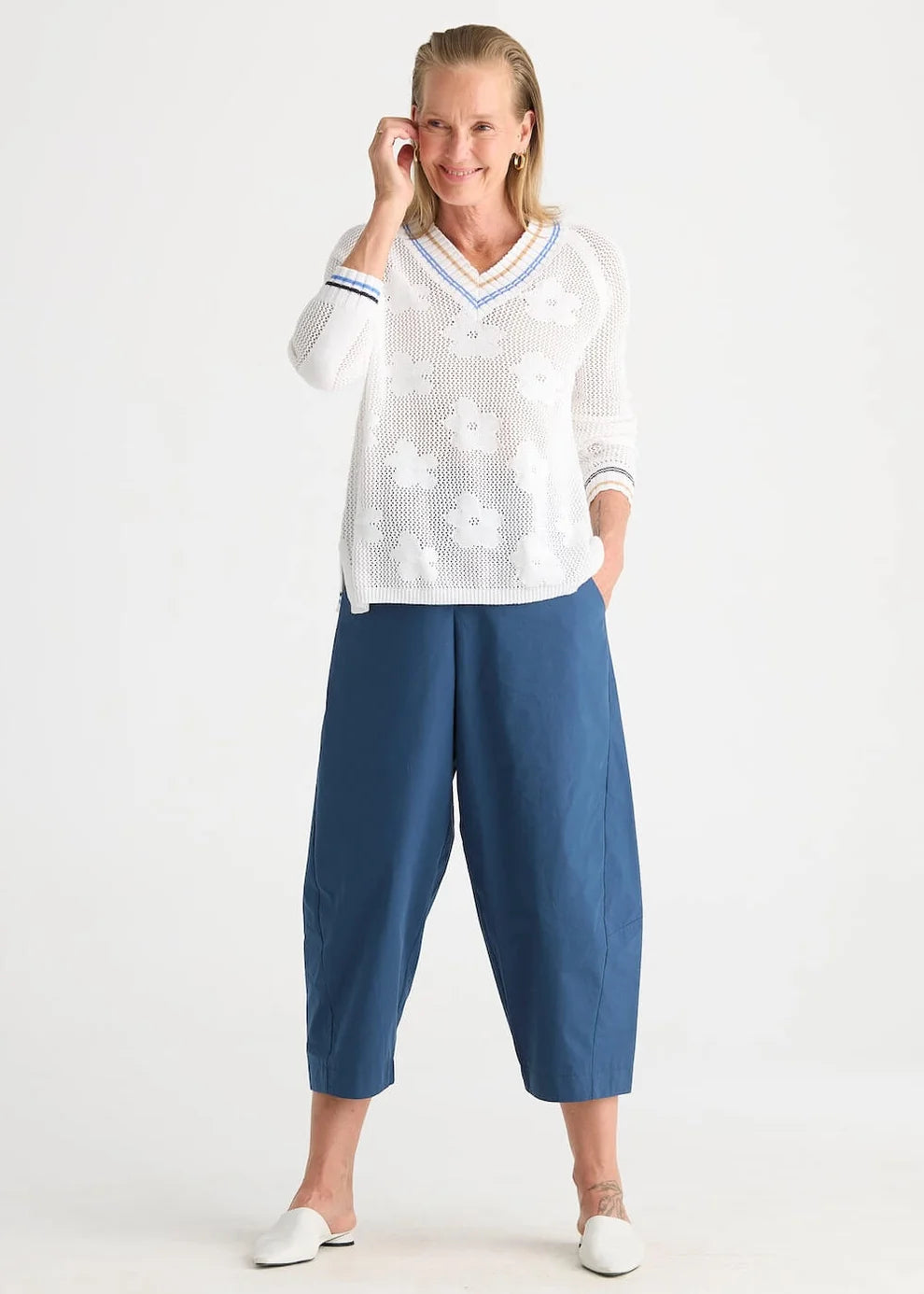 Floral Pointelle Vee White