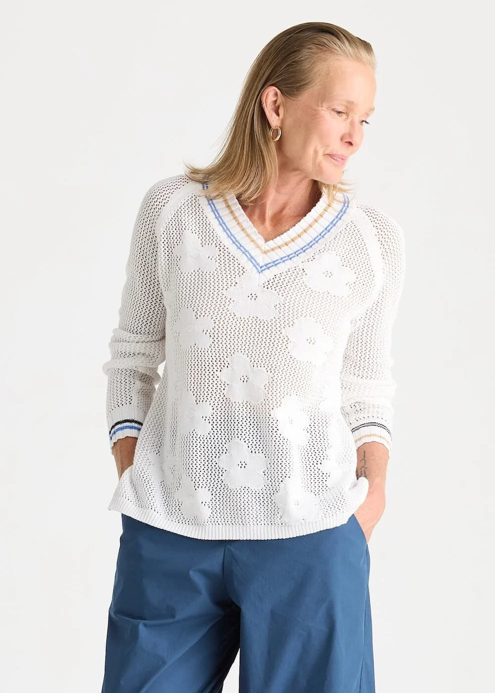 Floral Pointelle Vee White