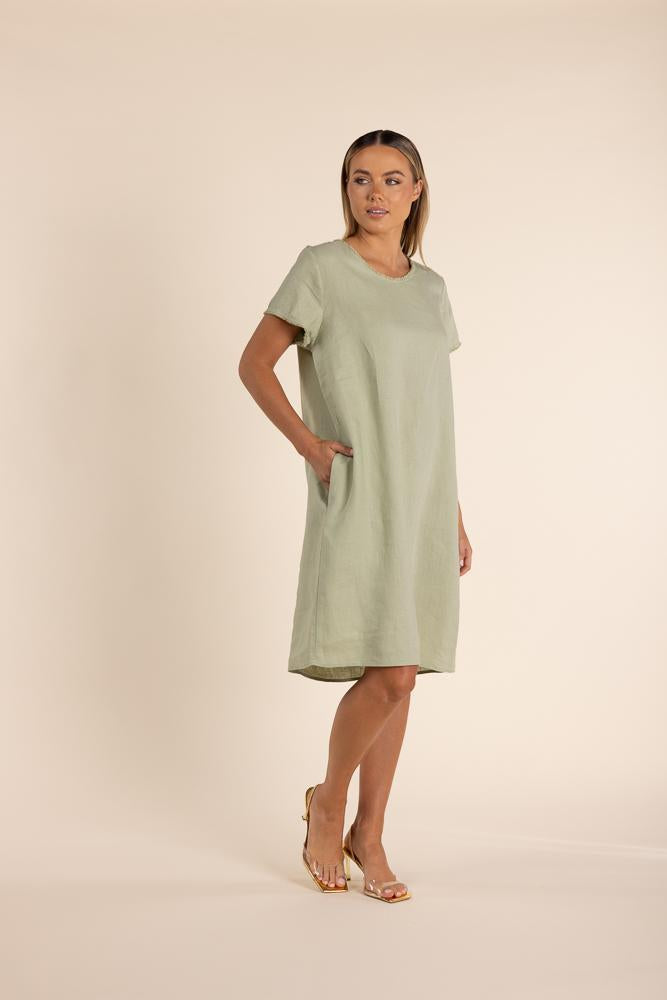 Linen Dress Fringe Trim Avocado