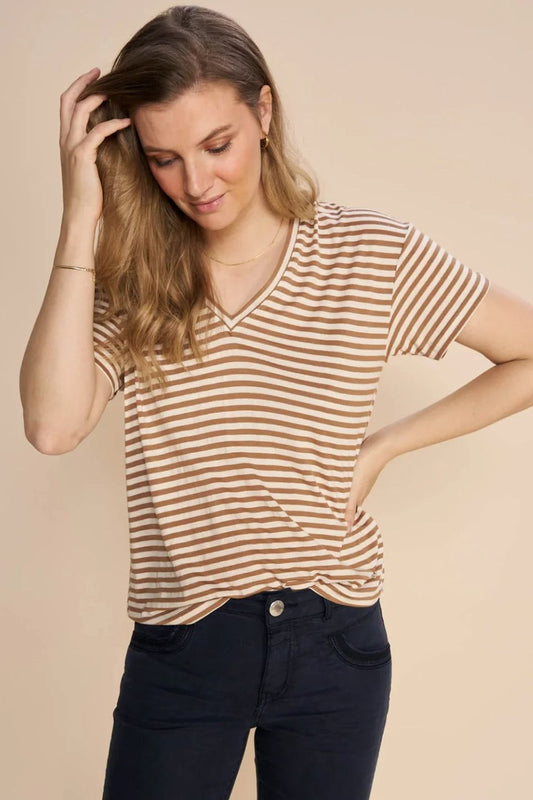 Jill V Short Sleeve Stripe Tee Cinnamon