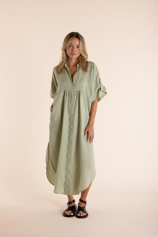 Linen Drop Shoulder Midi Dress Avocado