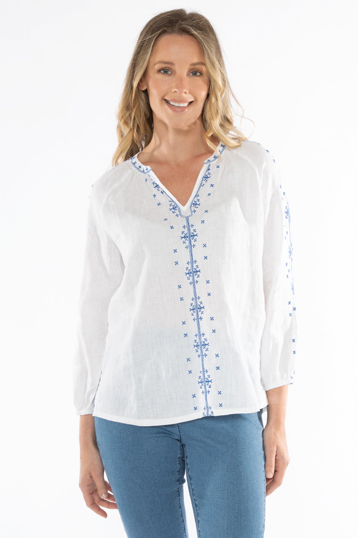 Embroidered Linen Top White/Blue