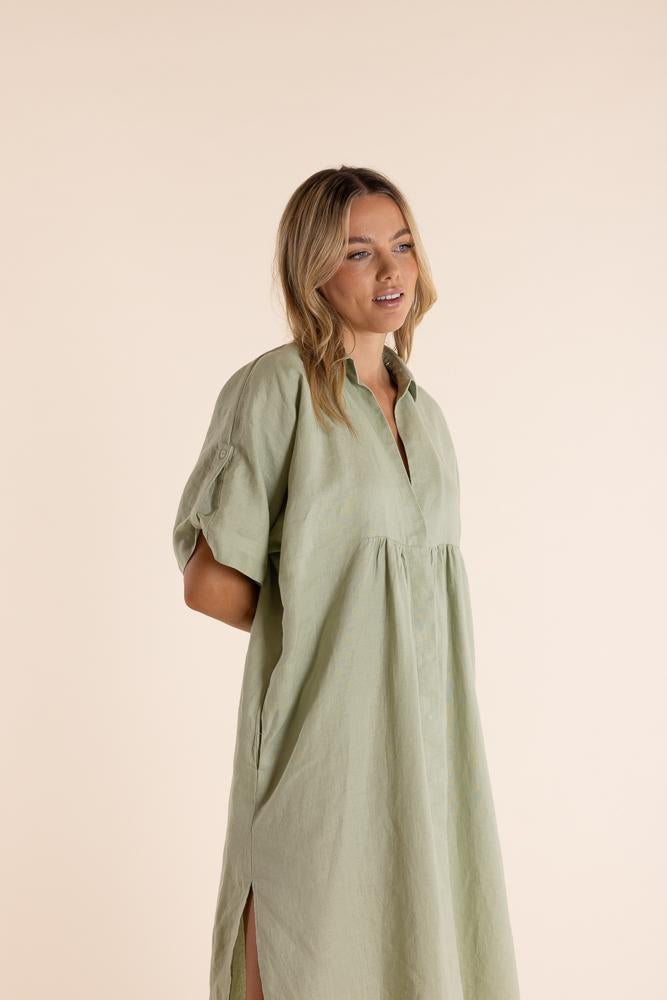 Linen Drop Shoulder Midi Dress Avocado