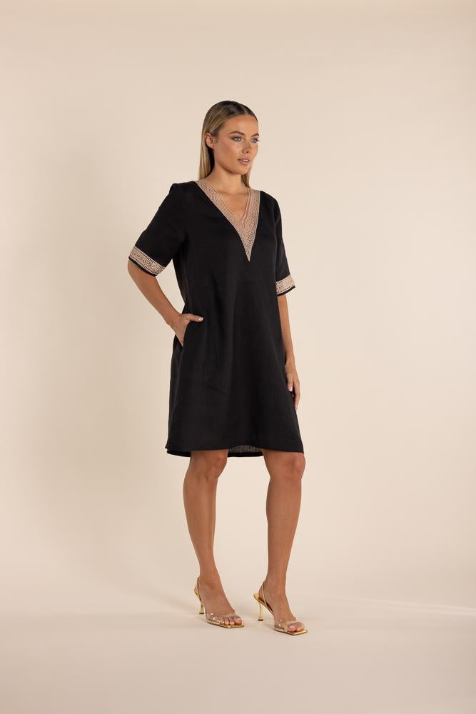 Linen V Neck Dress Black