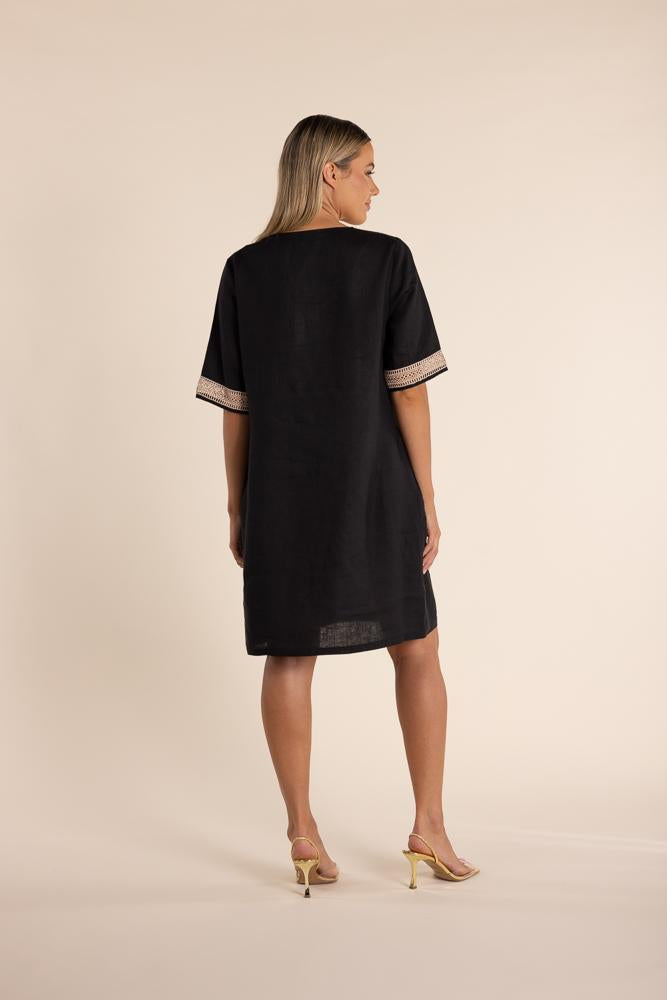 Linen V Neck Dress Black