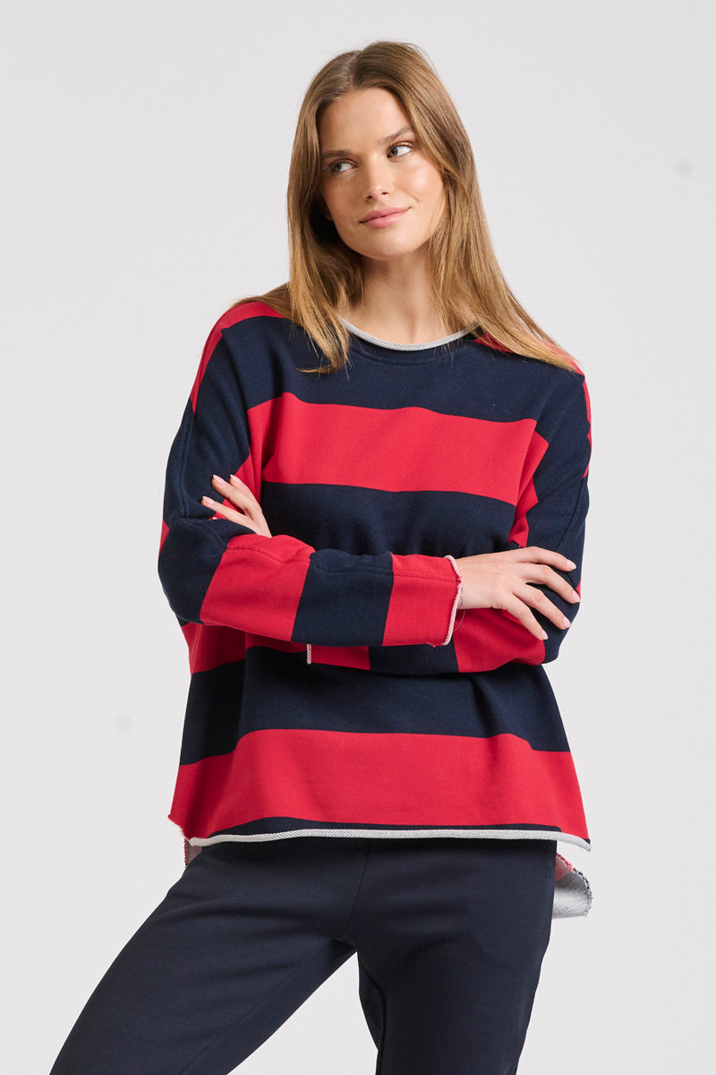 Raw Cotton Stripe Sweatshirt Red/Navy