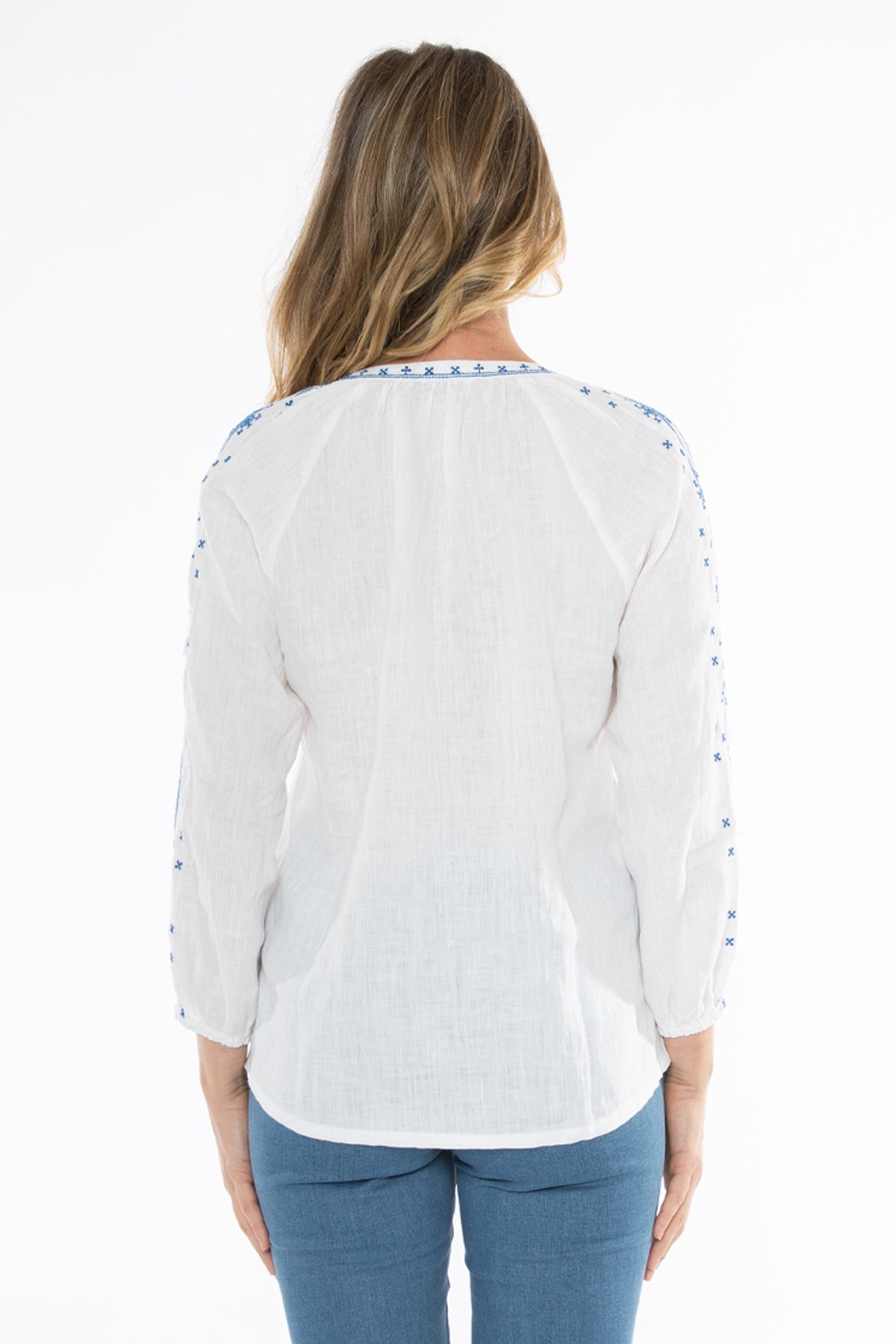 Embroidered Linen Top White/Blue