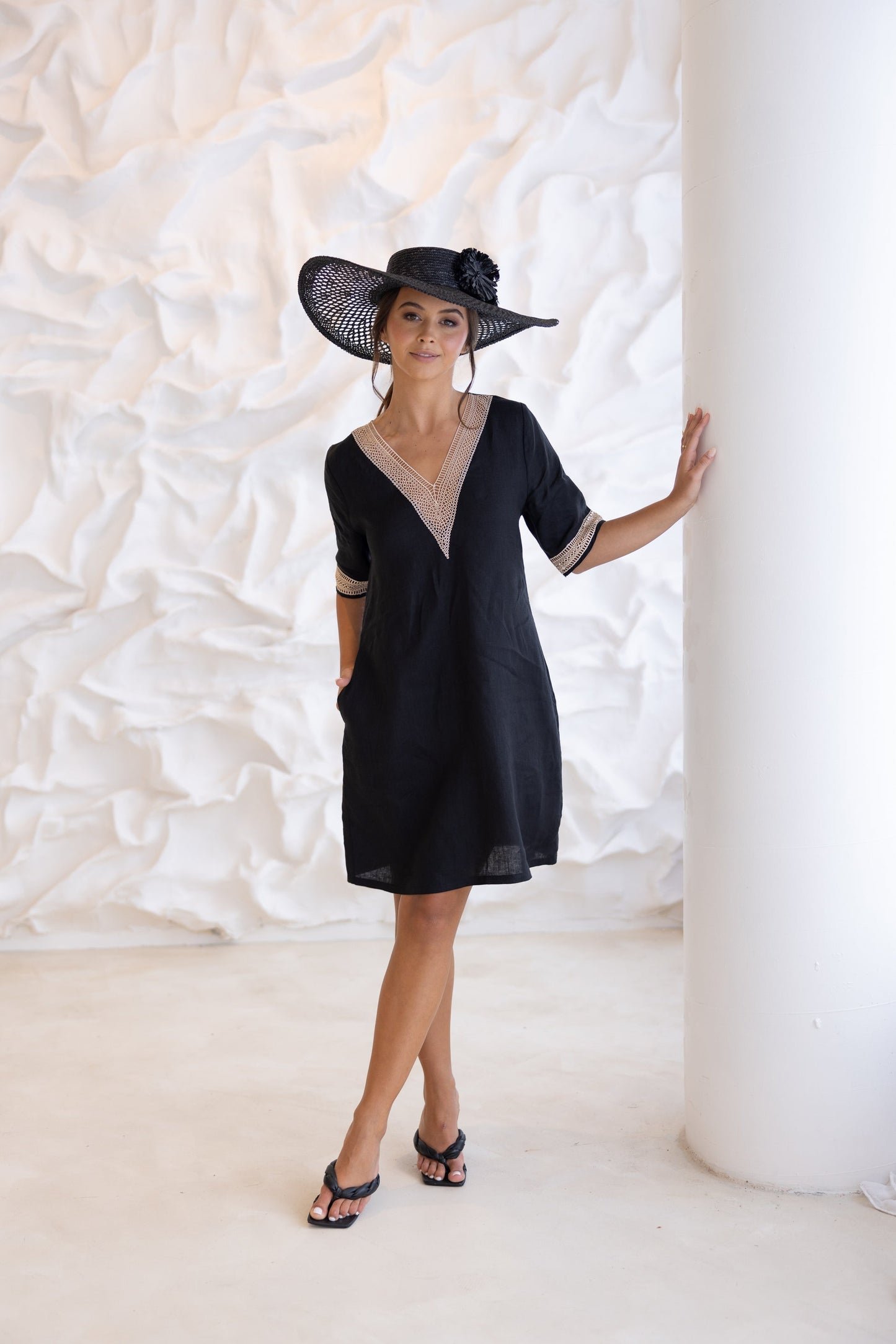 Linen V Neck Dress Black