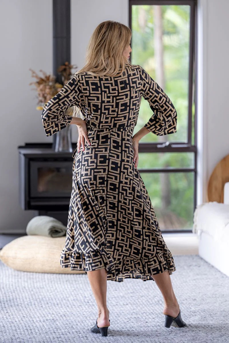 Geo Wrap Dress Black