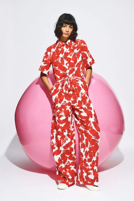 Bubble Bloom Jumpsuit Red Linen