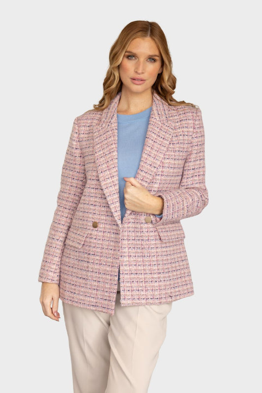 Double Breasted Tweed Blazer Pink Blue