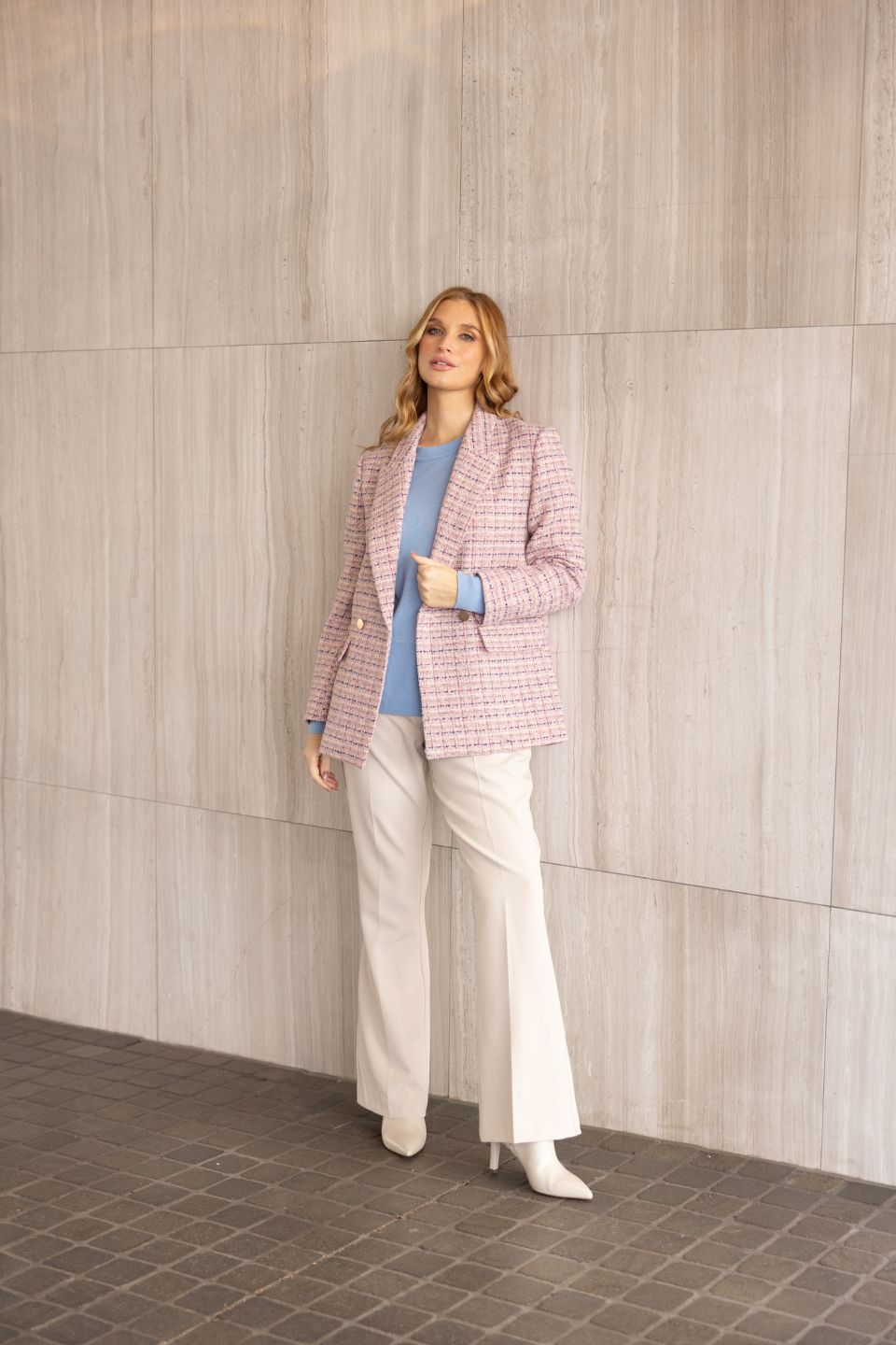 Double Breasted Tweed Blazer Pink Blue