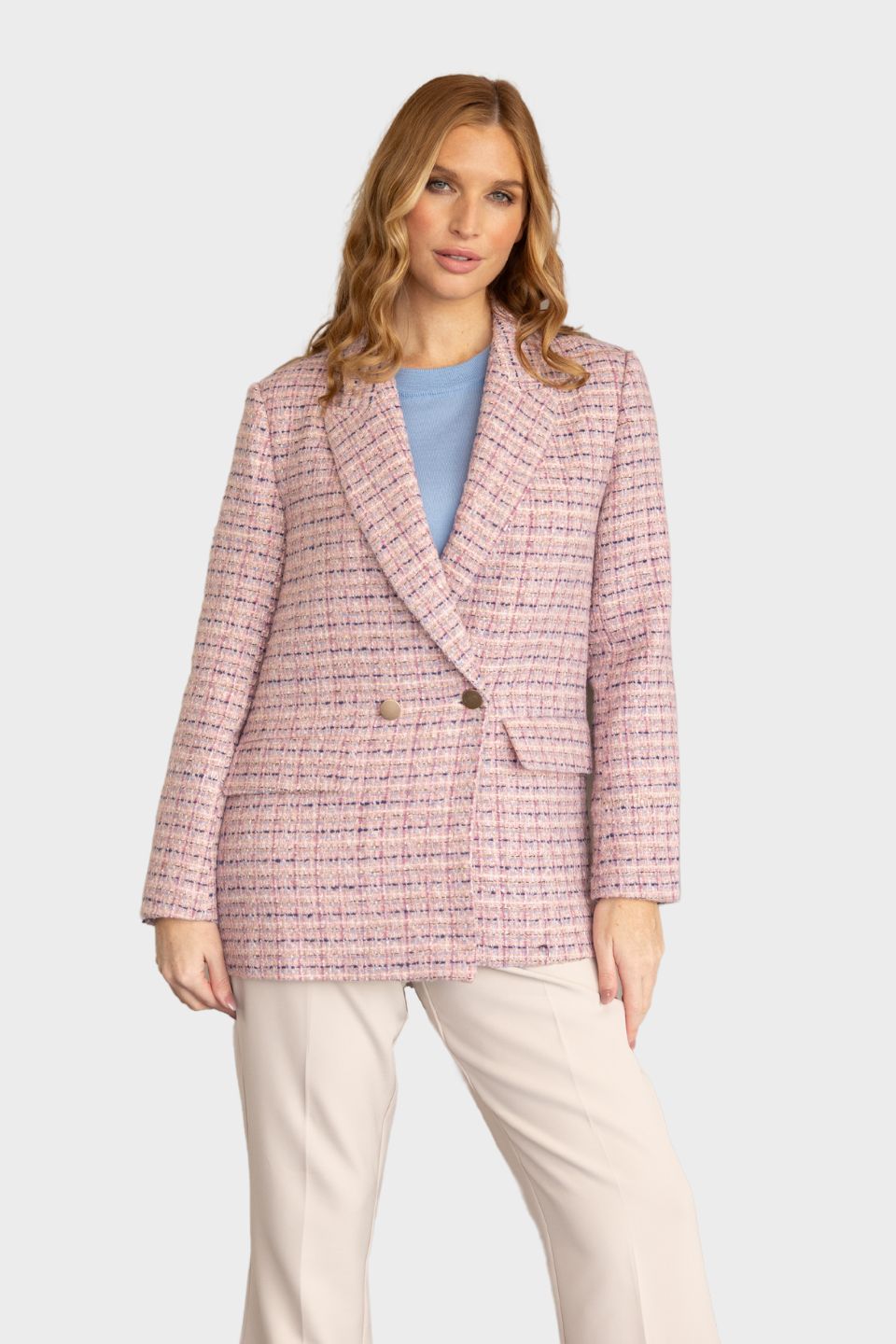 Double Breasted Tweed Blazer Pink Blue