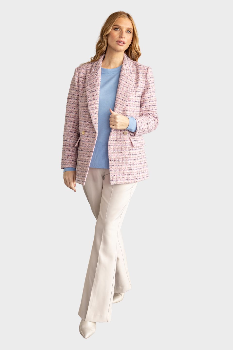 Double Breasted Tweed Blazer Pink Blue